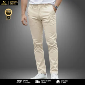 Celana Pria Chino Premium Panjang 100cm Cream Slimfit