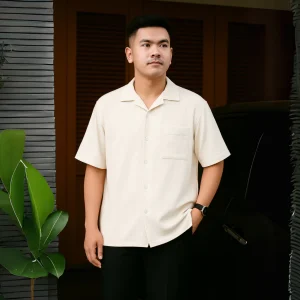 Kemeja Polos Cuban Bowling Oversized Linen Shirt Lengan Pendek Broken White