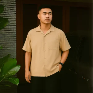 Kemeja Polos Cuban Bowling Oversized Linen Shirt Lengan Pendek Coffee