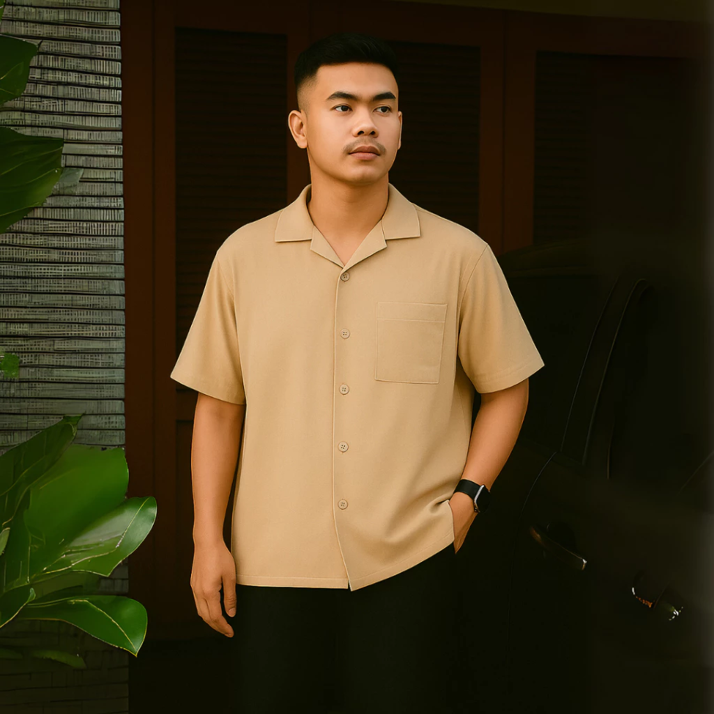 Kemeja Polos Cuban Bowling Oversized Linen Shirt Lengan Pendek Coffee