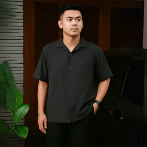 Kemeja Polos Cuban Bowling Oversized Linen Shirt Lengan Pendek Dark Grey