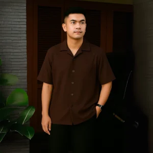 Kemeja Polos Cuban Bowling Oversized Linen Shirt Lengan Pendek Espresso
