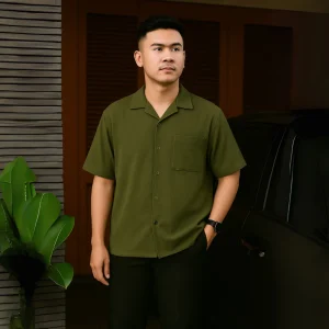 Kemeja Polos Cuban Bowling Oversized Linen Shirt Lengan Pendek Olive