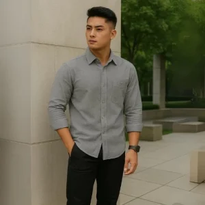 Kemeja Polos Linen Pria Lengan Panjang Dark Grey