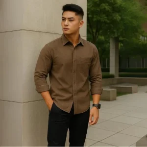 Kemeja Polos Linen Pria Lengan Panjang Espreso