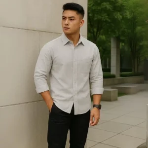 Kemeja Polos Linen Pria Lengan Panjang Broken White