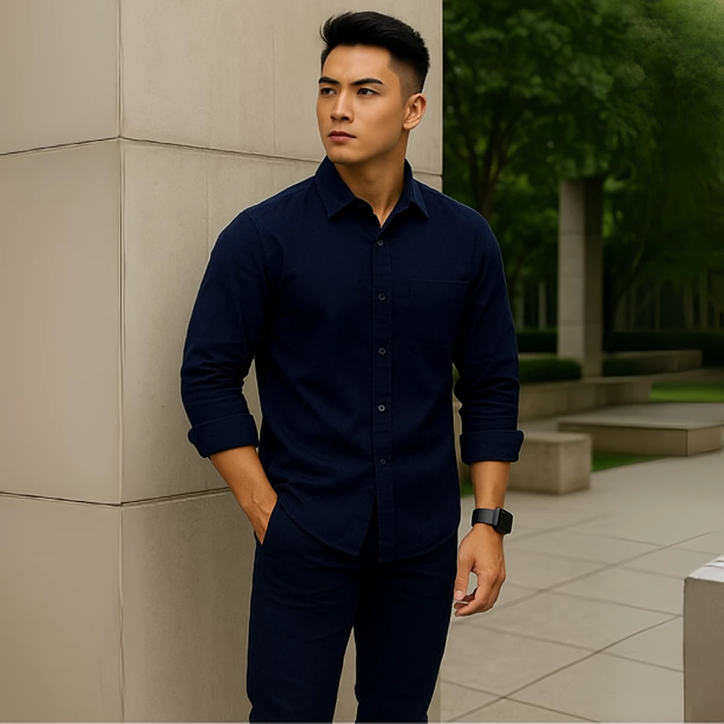 Kemeja Polos Linen Pria Lengan Panjang Navy