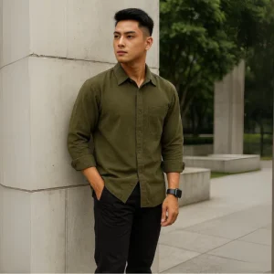 Kemeja Polos Linen Pria Lengan Panjang Olive